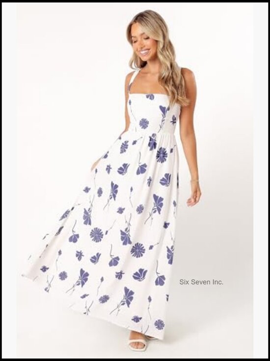 Viscose Linen Maxi Dress with Square Neck and Lace Back - Picture 6 of 7